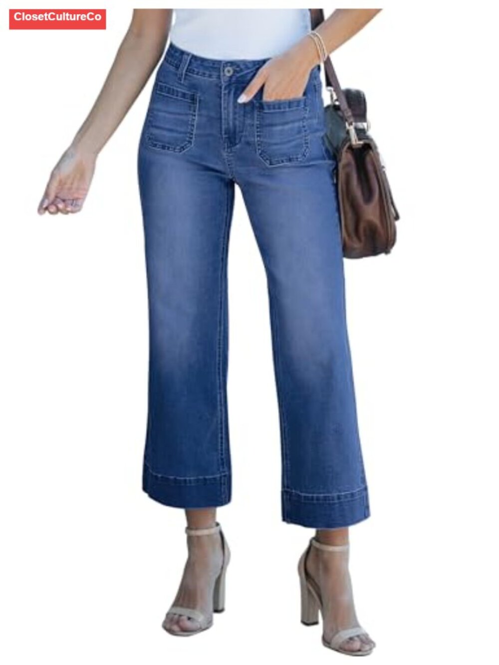 High Waisted Wide Leg Cropped Stretch Denim Jeans Flare Pants